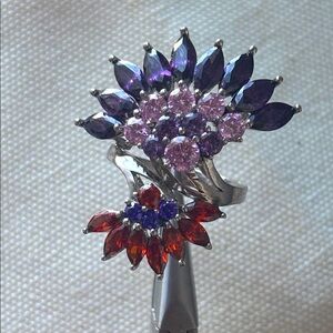 Fab Sterling Silver Peacock Feather Fan Cocktail Ring Purple Pink Big Amethyst